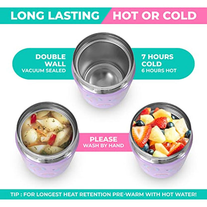 kinsho Kids Bento Lunch Box Set with Thermo, Bag & Ice Pack Purple Rainbow | 4 Compartment Container, Stainless Steel Food Jar for Hot Soup, Snacks, Daycare or School Lunches for Toddlers & Small Girls - color: Rainbow Set
