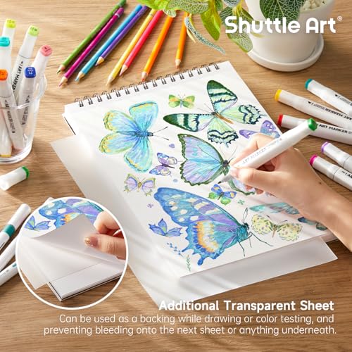 Shuttle Art Marker Pad, 12”x9” Portable Sketchbook, 70 Sheets Marker Drawing Paper, 110LB/180GSM Smooth Surface Bleedproof Art Paper, Spiral-Bound, Great for Artists to Draw, Paint & Sketch - size: 12x9 inch