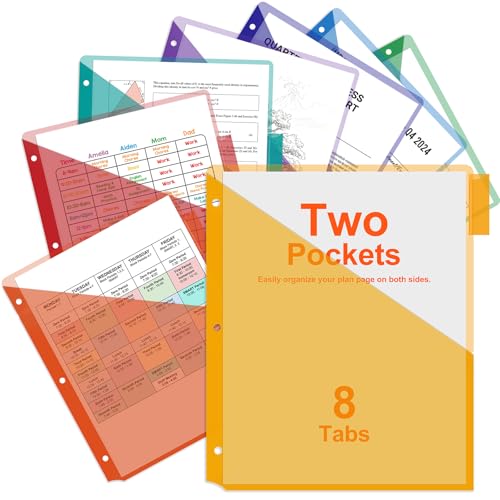 Akuoly 24 Count Pocket Divider for 3 Ring Binders Organizers, Two Pockets per Each Binder Divider, Plastic Tab Dividers, Bright Colors, for School Teachers Office Without Hole-Punching