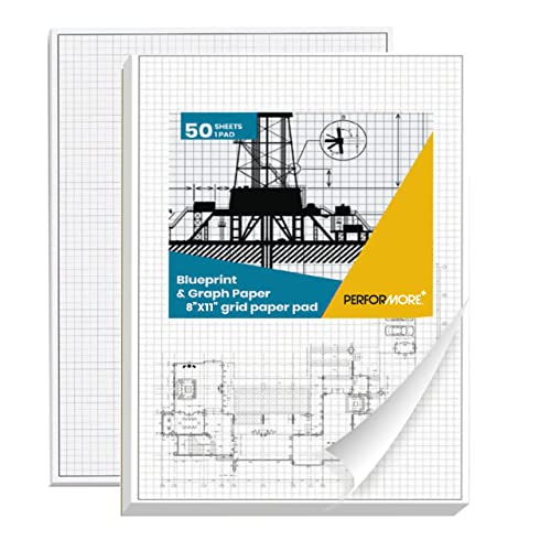 Performore Graph Paper Pad Set 2-Pack 8.5" x 11" White 4x4 Quad Ruled Notepads 50 Double-Sided Sheets per PadEasy-Tear Glue-Top Sheets for Math, Engineering & Classroom Use - size: 8.5" x 11" - 2 Pack