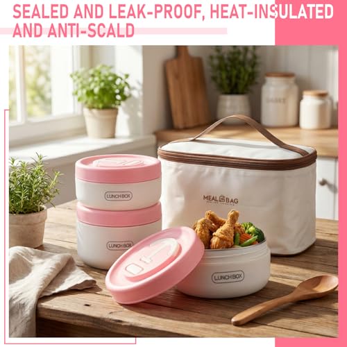 Dandat 4 Pcs Insulated Lunch Container, Portable Bento Box, Stainless Steel Lunch Box, Round Stackable Leakproof Thermal Food Container for Adult Men Women with Insulated Bag, 74 oz(Pink) - color: Pink