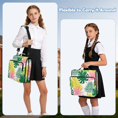 Tropical Palm Leaves Zipper Binder with 2 Inch D-Rings Expandable File Portfolio with Shoulder Strap, Waterproof Nylon Organizer for 14" Laptop for Work College Travel