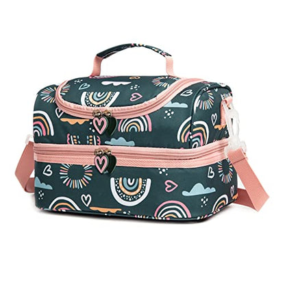 Insulated Kids Dual Compartment Lunch Bags Tote Pack for Girls Boys Toddler Kindergarten School Picnic Cooler Thermal Lunch Boxes with Strap (Green Rainbow) - color: Green Rainbow