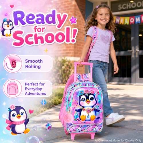 3Pcs Rolling Backpack for Girls, Kids Roller School Backpack with Wheels, Penguin Wheeled Bookbag for Elementary Preschool Kindergarten(Pink) - color: Penguin Pink