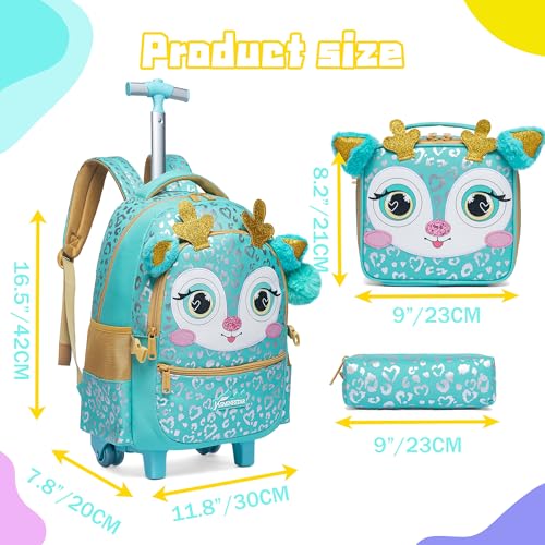 Meetbelify Girls Rolling Backpack with Wheels for Elementary Preschool Students Kids 3 in 1 Travel Luggage Carry on Suitcase with Lunch Box Pencil Case for Girls Age 8-10 - color: Deer