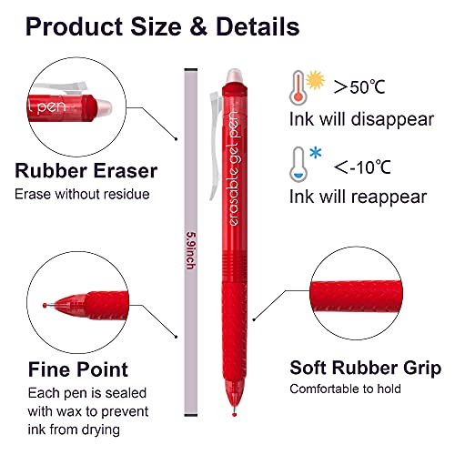 Lineon Erasable Gel Pens, 15 Pack Red Retractable Erasable Pens Clicker, Fine Point, Make Mistakes Disappear, Red Ink for for School & Office - color: 15 Pack Red
