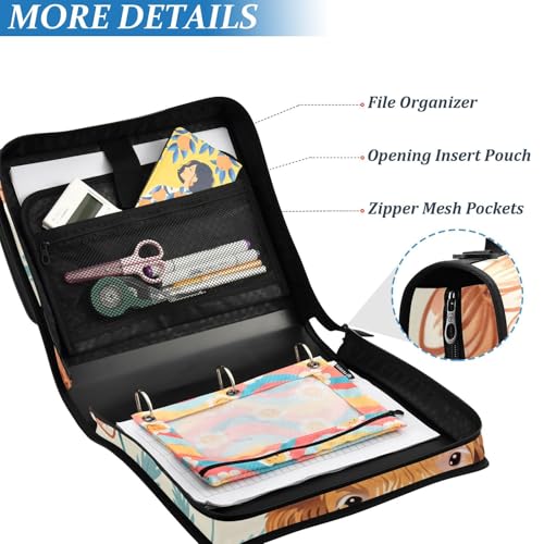 ALAZA Cow and Flowers Zipper Binder 1.5 inch 3 Ring Binder Organizer with Shoulder Strap and Handle for Home Office Work