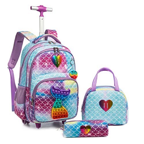 Mermaid Rolling Backpack for Girls Kids Wheels Backpacks for Elementary Student Wheeled Trolley Trip Luggage for Teen Girls with Lunch Box Pencil Case - color: 01 Mermaid