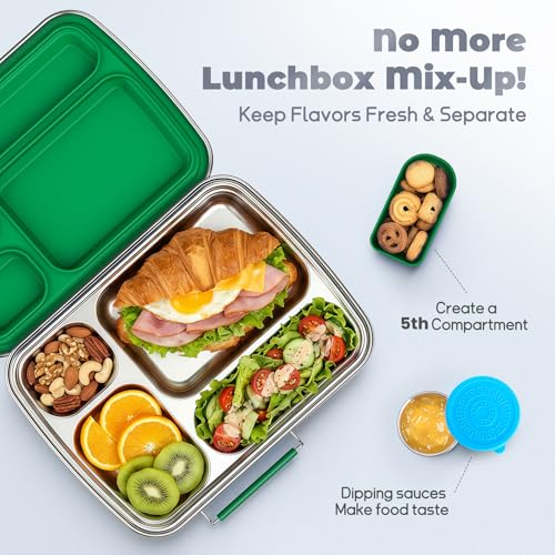 Stainless Steel Bento Box for Kids, Kids Lunch Box with 4-Compartment, Metal Lunch Box with Silicone Container & Sauce Cup, Durable Lunch Box Containers for School and Office(Green) - color: Green