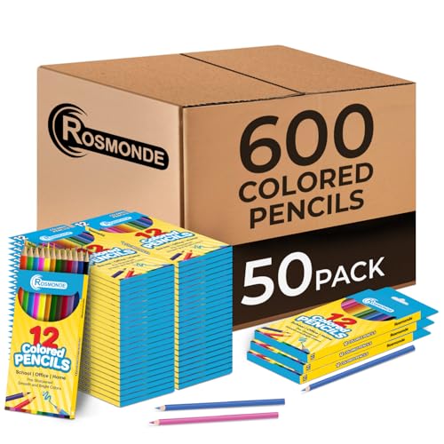 Rosmonde Colored Pencils Bulk, 50 Sets (600 Pencils), Color Pencils Set, 12 Assorted Colors, Pre Sharpened Bulk Pack for Schools, Teachers, Classrooms, Back to School Supplies, Classroom Prizes
