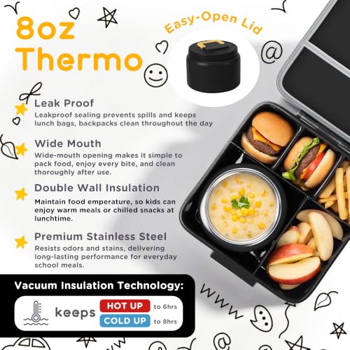 Bento Lunch Box for Kids with 8oz Thermo Containers for School,Camping | Vacuum Insulated Food Jar,Leakproof Silicone-Seal,5 Compartments with Dividers,Dishwasher & Refrigerator Safe,BPA-Free - color: Black