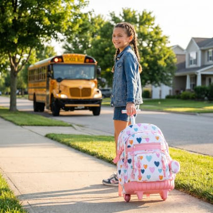 Meetbelify Rolling Backpack for Girls Boys Backpacks with Wheels Kids Carry on Luggage for Girls Boys - color: White Love