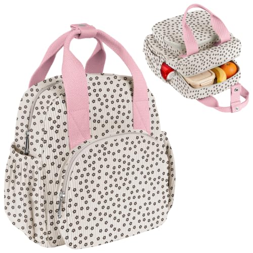 Insulated Corduroy Lunch Bag for Teen Girl Kid Women, Large Lunch Box, Reusable Portable Leakproof Lunchbox for School Travel Office Picnic (Flower White) - color: White-2