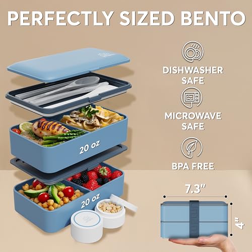 Umami Bento Box Adult All-In-1 w/4 Utensils, 2 Sauce Jar, 2 Dividers, 100% Leakproof, Microwave & Dishwasher Safe, Stackable Bento Lunch Box Containers for Men/Women, Denim Blue, 40 oz - color: Denim Blue, size: M - 40 oz