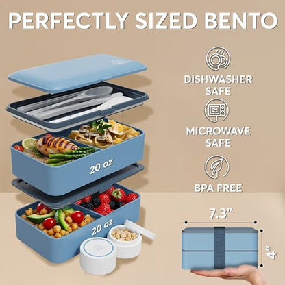 Umami Bento Box Adult All-In-1 w/4 Utensils, 2 Sauce Jar, 2 Dividers, 100% Leakproof, Microwave & Dishwasher Safe, Stackable Bento Lunch Box Containers for Men/Women, Denim Blue, 40 oz - color: Denim Blue, size: M - 40 oz