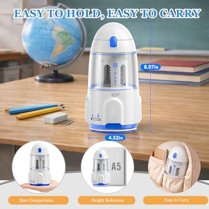 Rechargeable Electric Pencil Sharpener, Automatic Auto in & Out, Adjustable Sharpness for Kids, Students, Teachers & Artists, Built-in 2000mAh Battery, Fits 7–12mm Standard, Colored & Jumbo Pencils