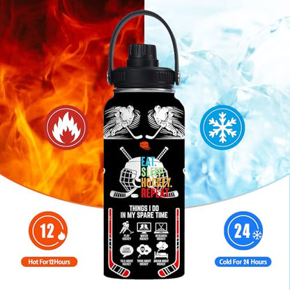 Ice Hockey Insulated Stainless Steel Water Bottle 32oz, Vacuum Chug Lid Travel Tumbler For Men Friends Hockey Lovers Fans Coaches,Birthday Christmas - color: Hockey