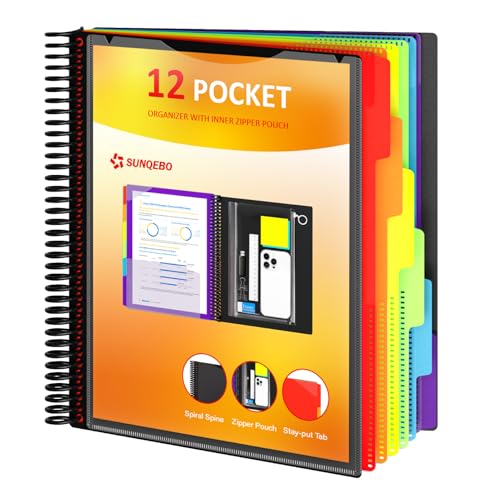 12 Pocket Project Organizer, 6 Colors Multi Pocket Folder Binder with Dividers, Spiral Pocket Notebook with Zipper Pouch, Office Organizer File Folders, Letter Size, School Supplies, Black - color: Black