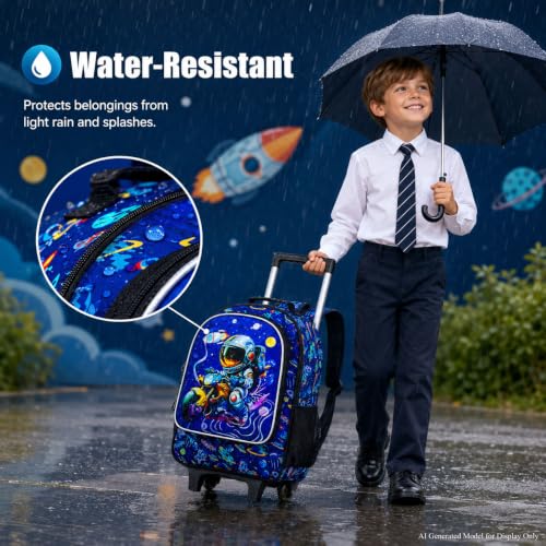 HPJGD 3PCS Astronaut Rolling Backpack for Boys, Kids School Backpacks with Wheels, Water Resistant UV Printed Roller Wheeled Bookbag Set - color: Boys Motorbike Astronauts Rolling Backpack Blue