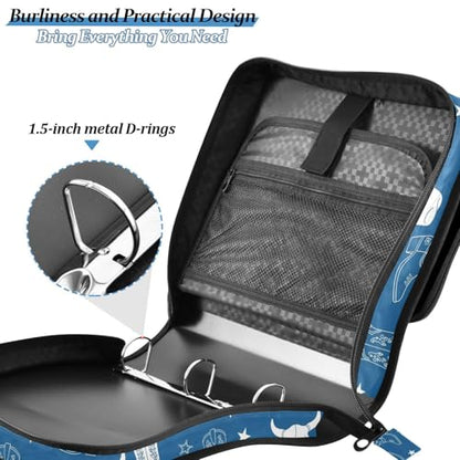 Western Cowboy Blue Pattern 3 Ring Zipper Binder with Shoulder Strap & Handle 1.5 Inch D-Ring Zippered Bag with Pencil Pouch,Expanding File Folder, Binder Organizer for School or Office - color: Western Cowboy Boot Blue