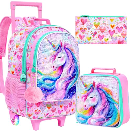 CCJPX 3Pcs Unicorn Rolling Backpack for Girls, 18" Kids Glow Wheels Bookbag with Lunch Box, Lightweight Roller School Bag for Elementary Preschool (Pink) - color: Rainbow Unicorn(with Glowing Wheels)