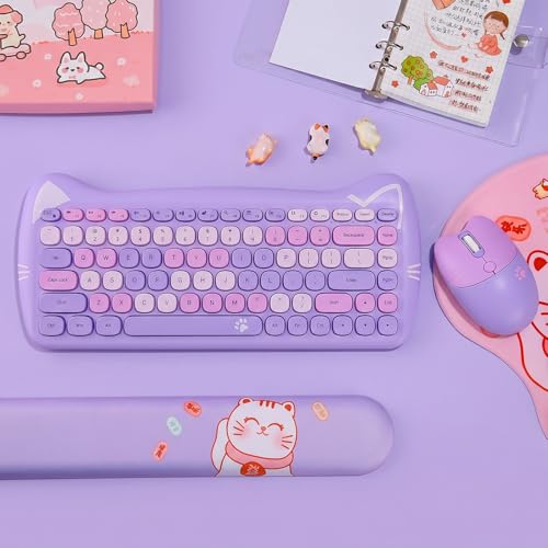 Cute Cat 2.4G USB Wireless Keyboard and Mouse Combo, Silent Keys, Candy Colors, Compatible with Notebook, PC (Purple-84Keys) - color: Purple-84Keys