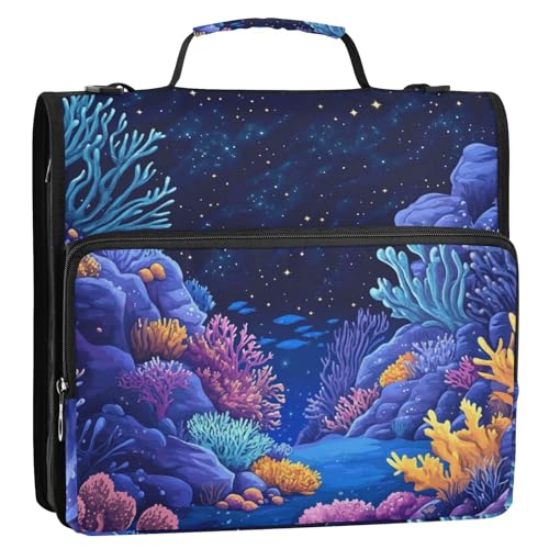 Cute Colorful Coral World Zipper Binder 3 Ring 1.5 Inch School Binder Organizer with Shoulder Strap Handle File Folder Pockets Large Capacity Students Girl Boy Men Office Work - color: Cute Colorful Coral World