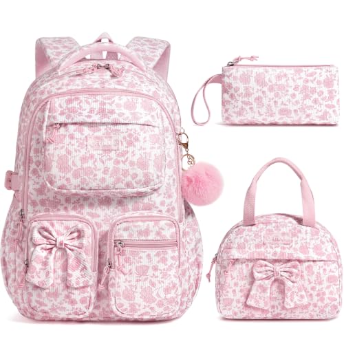 Fimibuke 3PCS Corduroy Backpack for School Girls with Lunch Box Pencil Case | Lightweight Teen Girls Bow backpack, Kids School Bag Bookbag for Elementary Middle High School Supplies Laptop Travel Daypack - color: Pink Floral Print