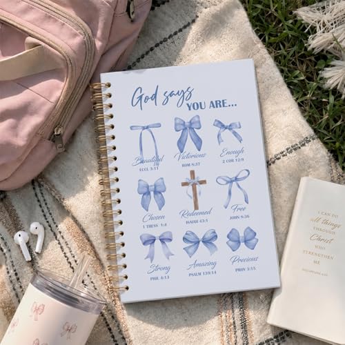 VONTP Bible Blue Bow Christian Notebook Journal for Women, 5.5 x 8.3 Inch | Christian Girl Energy Journal, Christian Study Notebook, Cute Preppy Bible Study Spiral Notebook for Bible Notes - color: 001-Blue