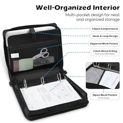 MoKo Zipper Binder, 2 Inch 3 Ring Binder with Multi-Pocket, 500 Sheet Capacity 5 Tab Expanding File Folder, Zipper Bag for School Office, Handle & Shoulder Strap, Black - color: Black