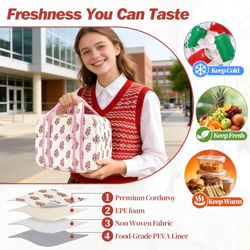 Aesthetic Corduroy Insulated Lunch Bag for Women, Floral Block Print Lunch Box with Pocket, Spacious Boho Reusable Cooler Tote for Work, School, Nurse Gift & Picnic, Leakproof (Pink White)