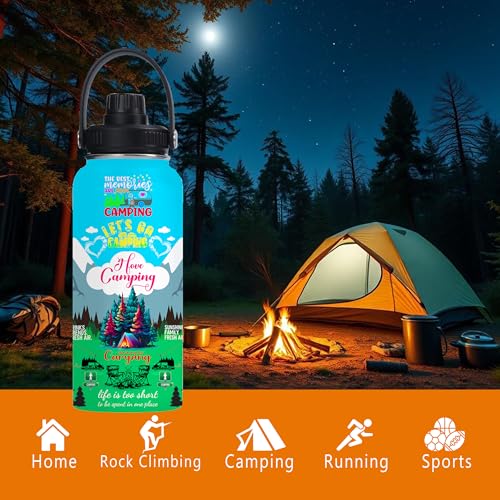 Camping Insulated Stainless Steel Water Bottle 32oz, Camping Vacuum Travel Tumbler Cup for Men Women Friends Campers - color: Camping