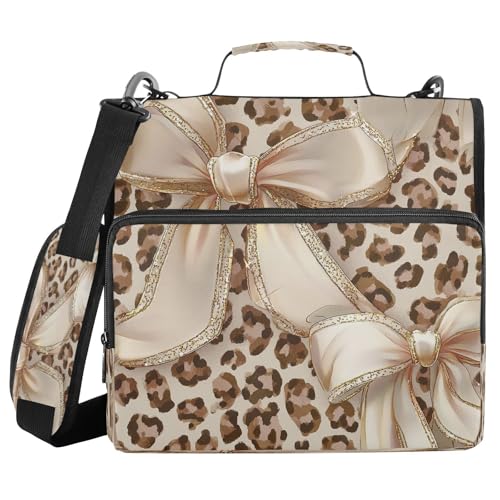 Gredecor 3 D-Ring Zipper Binder 1.5 in Waterproof Leopard Cheetah Bow Binder with Zipper Shoulder Strap, Multi-Pockets Organizer Bag for School & Office Supplies, Storage 500 Sheets Capacity - color: Leopard Cheetah Bow