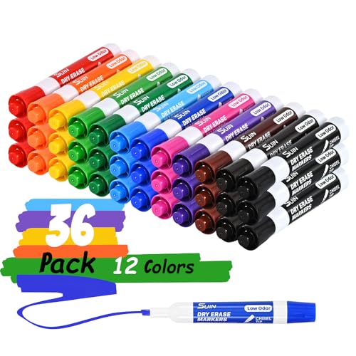 SUIN Dry Erase Markers, Chisel Tip Whiteboard Markers for Classroom and Office, Broad & Fine Lines, Wipe Clean & Ghost-Free, Works on Glass and Laminated Sleeves, Assorted 12 Colors, 36 Count - color: Assorted 12 Colors