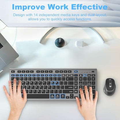 FENIFOX Wireless Keyboard and Mouse, Rechargeable USB C Combo Silent Quiet Compact Full Size Flat with Number Pad Soft Cover for Mac MacBook iMac Windows PC Laptop Computer Office - Black & Grey - color: Black Grey