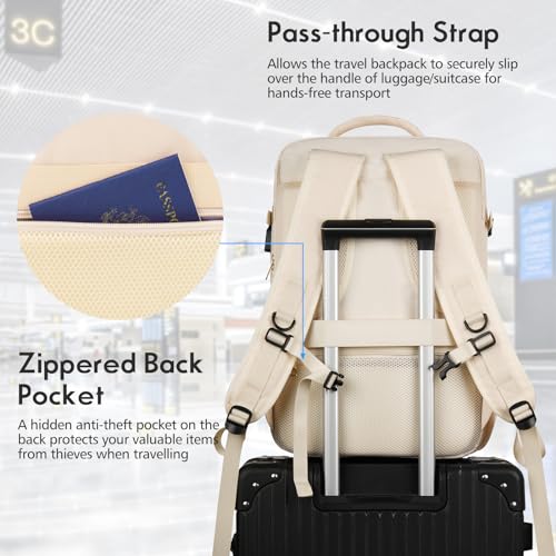 MOMUVO Large Travel Backpack Women, Flight Approved Carry On Backpack, Water Resistant Anti-Theft Large Casual Daypack Fit 17 Inch Laptop with USB Charging Port, Beige - color: Beige, size: 17.3 inch
