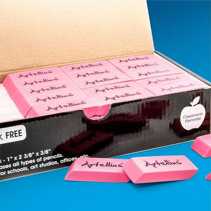 Artellius Pink Erasers | Latex & Smudge Free | Bulk School Supplies | Classrooms, Teachers, Homeschool, Office, Art Class | Large Size (Pack of 100) - size: 100 pack