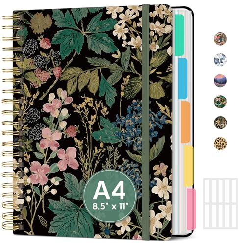 Large Spiral Notebook with Dividers & Tabs, 8.5" x 11" Hardcover 5 Subject Notebook for Work, 280 pages, College Ruled, Cute Journal for Women, Perfect for Study & Office Note Taking, Forest Botanica - color: I-Forest Botanica