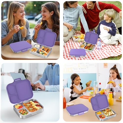 Pawtong Stainless Steel Bento Lunch Box for Kids | 3-Compartment Lunch Box Container Kids | 100% Leakproof, Eco-Friendly, Perfect Portion Control for Kids&Adult Healthy Meals (Purple) - color: Purple
