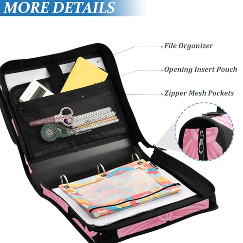 Pink Bow Black Zipper Binder Bag 3 Ring Binder with Shoulder Strap Zip Up 500 Sheets Capacity Multi Pockets for School Office Supplies - color: Multi470, size: Fit 500 Sheets