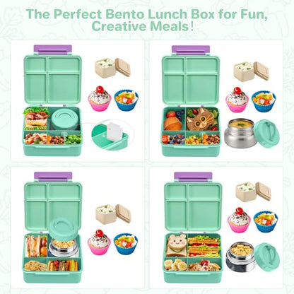 JSLOVE Bento Lunch Box with Leak Proof Thermos Food Jar for Kids, Food Lunch Containers for Girls with 4 Compartments, BPA-Free with Utensils, Food Picks, Sauce Jar & Silicone Lunch Box Dividers - color: Green