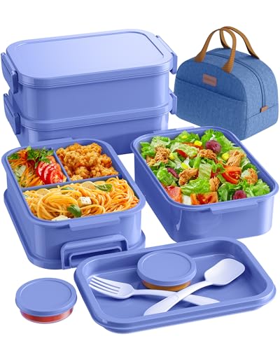 KEMETHY Adults Bento Lunch Box Set with Thermo Bag, 74oz Stackable Leak-proof 3-tiers Bento Box, Built-in Utensil and Sauce Container for Work, School, Dining Out (Purple) - color: Lavender Purple