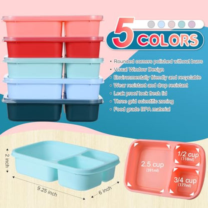 Honeydak 5 Pack Snack Containers 3 Compartment Bento Snack Boxes Divided Meal Prep Containers with Lids Reusable Adults Lunch Food Storage Box for School Work Travel (Red Blue Green) - color: Red Blue Green