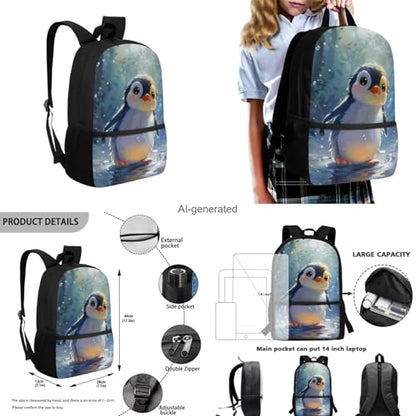Penguin Backpack for Girls Kids Backpack with Lunch Box Water Bottle Holder with Strap and Kawaii Pencil Case 4PCS Set Cute Bookbag with Front Pocket 17 inch Large Capacity School Bag for Boys - color: Cute Penguin