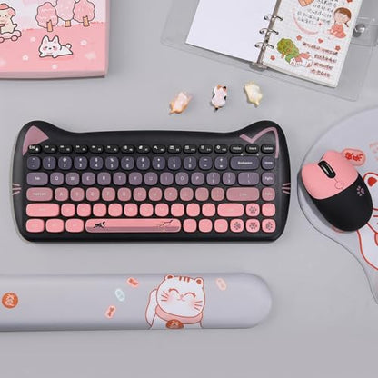 Cute Cat 2.4G USB Wireless Keyboard and Mouse Combo, Silent Keys, Candy Colors, Compatible with Notebook, PC (BlackPink-84Keys) - color: BlackPink-84Keys