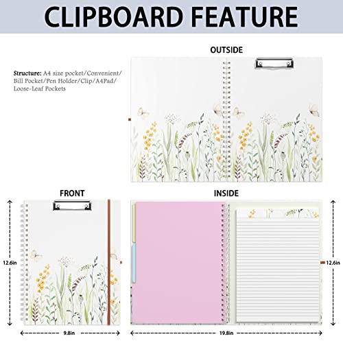 Rimilak Spiral Clipboard Folio with Refillable Lined Notepad, 14.5 x 9.8 In, Hardcover Cover with 5 Interior Pockets, Elastic Band and Pen Loop Series. Cute Stylish Clipfolio, Butterfly Flower - color: Butterfly Flower