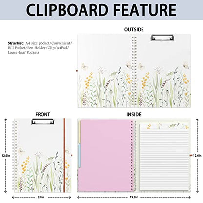 Rimilak Spiral Clipboard Folio with Refillable Lined Notepad, 14.5 x 9.8 In, Hardcover Cover with 5 Interior Pockets, Elastic Band and Pen Loop Series. Cute Stylish Clipfolio, Butterfly Flower - color: Butterfly Flower