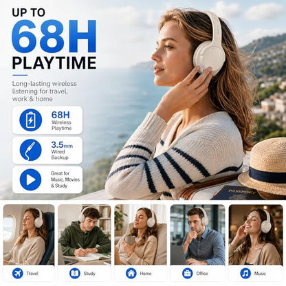 MIDOLA Bluetooth Headphones Over Ear, 68H Playtime Wireless Headphones with Microphone, 6 EQ Modes, HiFi Stereo Deep Bass, Foldable Lightweight Headset for Home Office, Cellphone, PC, White - color: Milk White