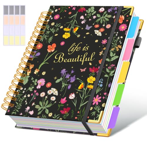 Hardcover Spiral Notebooks for Work, 300 Pages 5 Subject Notebook College Ruled with Dividers Tabs, 8"x10" Aesthetic Lined Spiral Journal for Women, 100GSM Large Cute Notebook for School,BlackGraden - color: Blackgraden