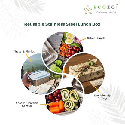 ecozoi Stainless Steel Lunch Box for Kids and Adults with 50 ml Sauce Container, 1-Tier Metal Bento Box Leak Proof with 5 Compartments, 50 Oz Metal Lunch Container, Meal Prep Food Container, - size: 3 Compartment 24 Oz